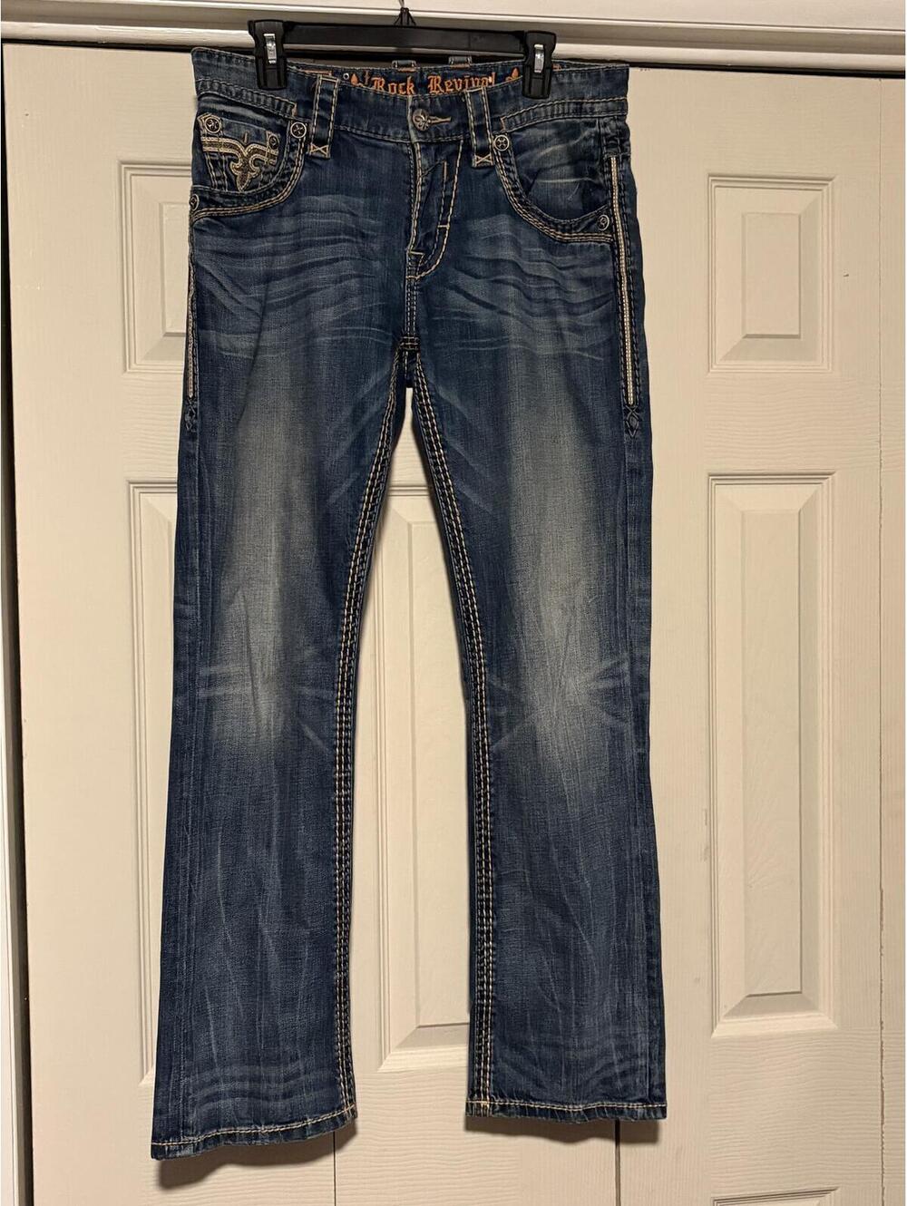 Rock Revival Terrell Jeans Mens 32 Slim Straight Blue Embroidered Y2K Biker